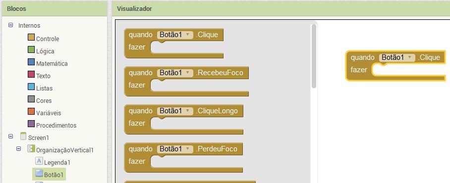 Vamos começar pelo botão1 (Botão A) Na guia Blocos, selecione o Botão 1, no