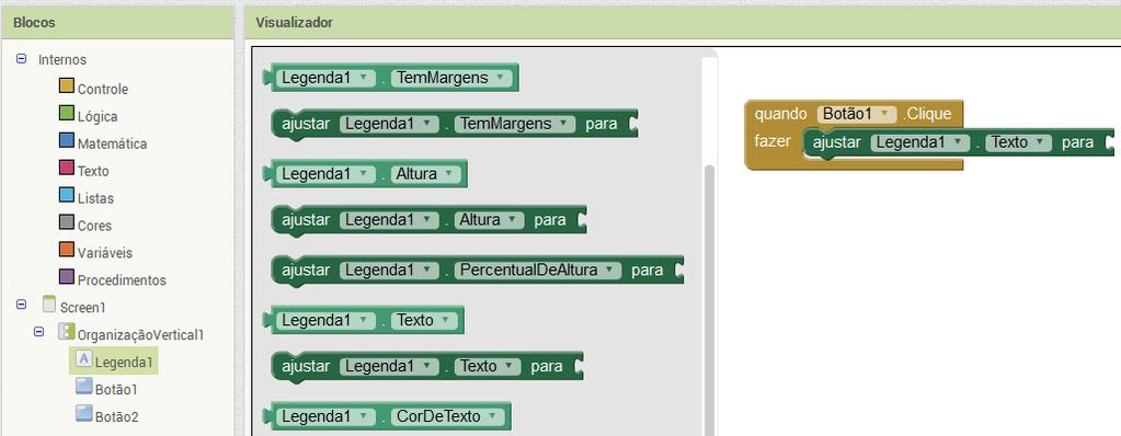 Também Na guia Blocos, selecione a legenda1, no visualizador, arraste o sétimo bloco para a área de programação,