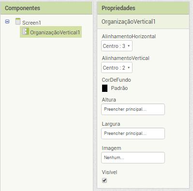 principal Tela com o componente organização Vertical Tela