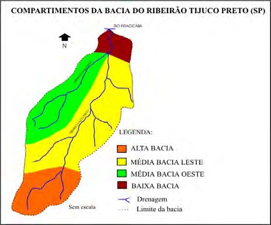 grandes setores, correspondentes a: Alta Bacia, que é o setor das nascentes; Média Bacia Leste e Média Bacia Oeste, subdivididas pelo extenso interflúvio sub-tabular entre o Ribeirão Tijuco Preto e