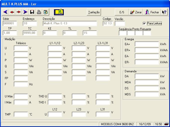 Alterar Todos (Alt+L): envia um comando broadcast para configurar todos os multimedidores com os parâmetros preenchidos na tela; Alterar (Alt+A): envia um comando para o multimedidor selecionado,