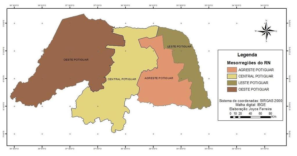 Como foi mencionado, o direcionamento das pesquisas bibliográficas deste artigo foi pautado na divisão regional do estado conforme o mapa das mesorregiões do Rio Grande do Norte (Figura 1).