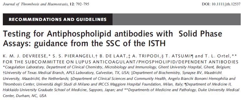 Guidelines de orientação para anticorpos antifosfolípides de fase sólida: Critérios para SAF inclui IgG e IgM, a presença de anticorpos do mesmo isotipo reforça a