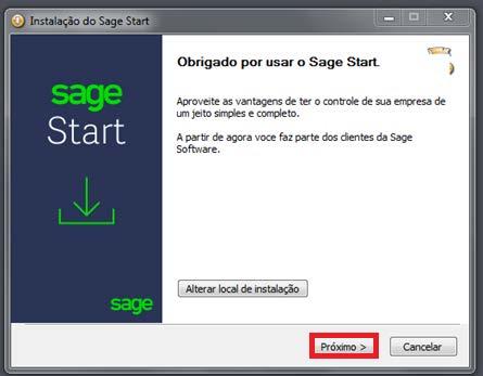 2. Na sequência aparecerá a barra de instalação do Sage Start. 3.