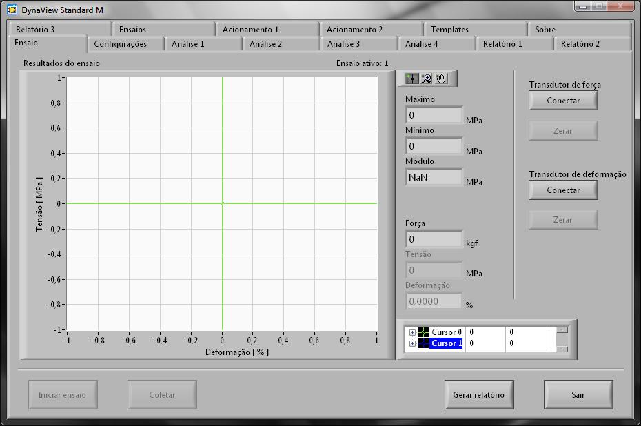 Tela Ensaio A tela de ensaio é a tela principal do software: Coletar: coleta mais um ponto na aquisição manual (ver Tela de configurações).