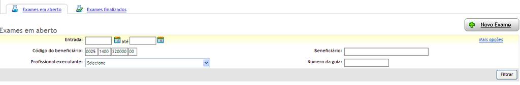 Na aba Exames em aberto, é possível realizar filtros para procurar as guias capturadas, inclusão de complemento, participação e outras despesas.