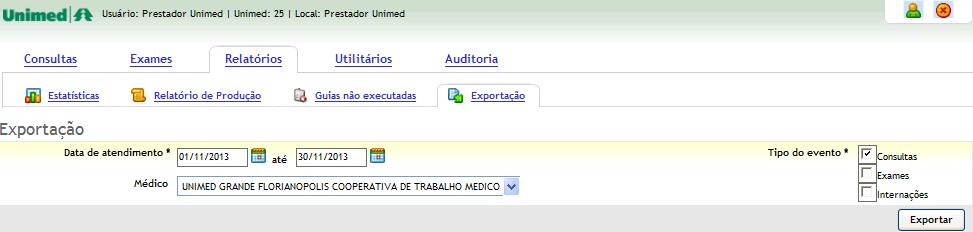 Exportação Na aba de Exportação, é possível exportar os eventos de um médico em um determinado período.