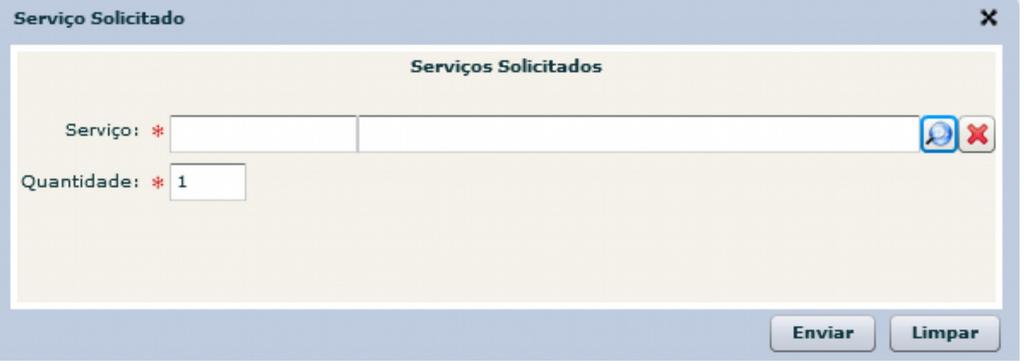 Após clicar, a próxima tela será: Digite o código ou nome do serviço e sua quantidade conforme a figura acima.