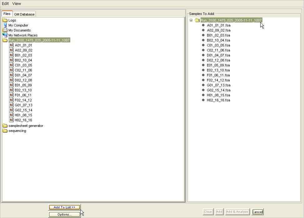 GeneMapper Abra o ficheiro do programa GeneMapper e importe os ficheiros fsa necessários clicando no botão add samples to project (adicionar amostras ao projecto) ( ).