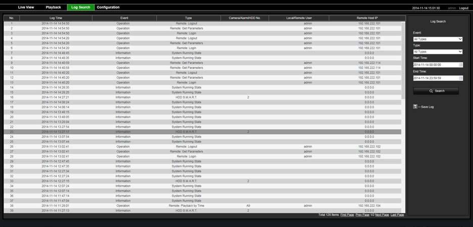 Capítulo 18: Utilizar o browser da Web Procurar registos de eventos O gravador compila um registo de eventos de fácil procura, tais como o início e o fim da gravação de vídeo, notificações do