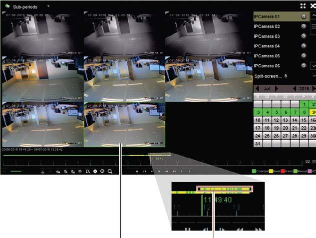 Capítulo 7: Funcionalidade de reprodução Reprodução em ecrã dividido Esta função permite ver simultaneamente a gravação de 24 horas de uma câmara selecionada, dividida em vários períodos de tempo