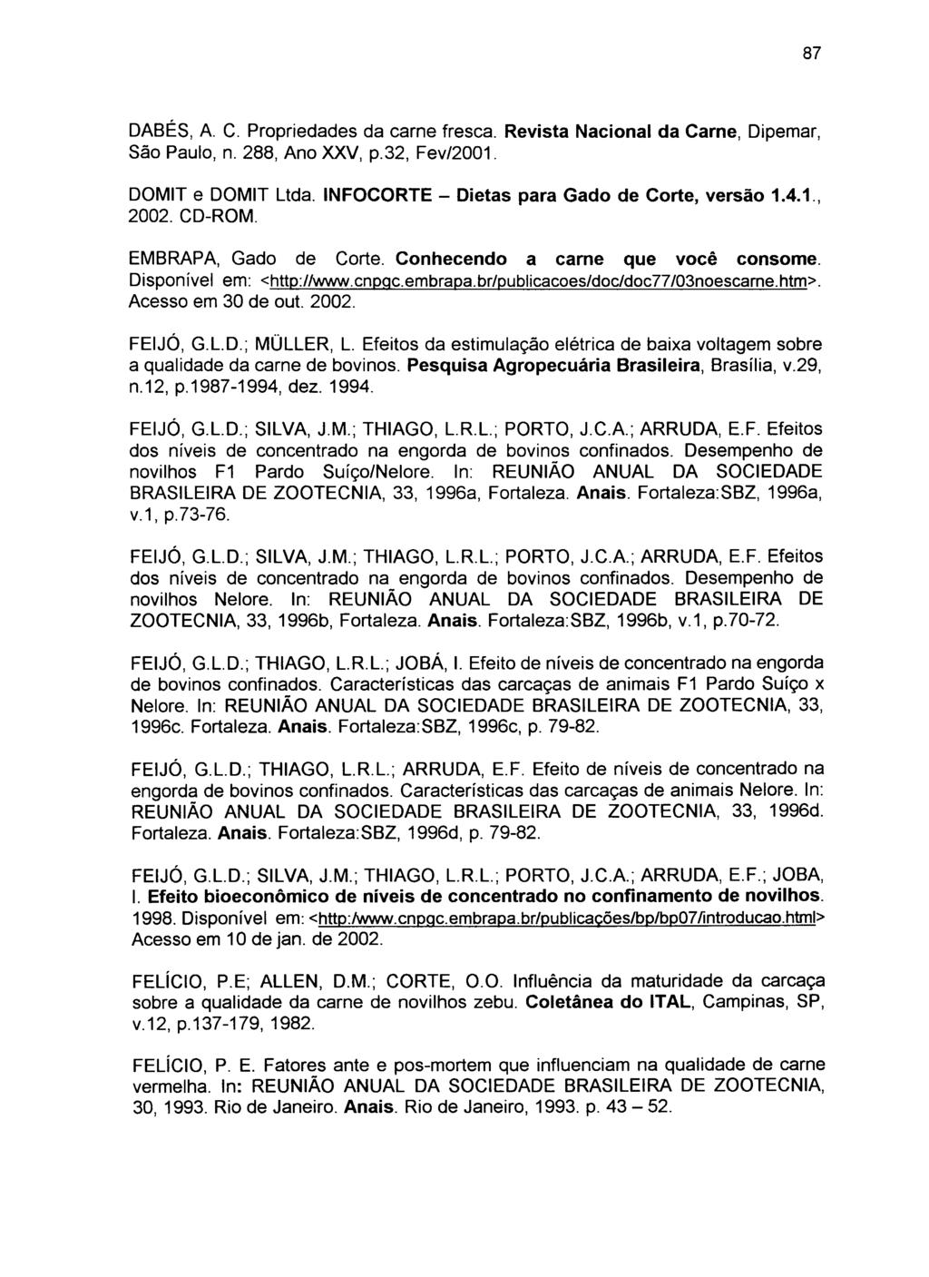 DABÉS, A. C. Propriedades da carne fresca. Revista Nacional da Carne, Dipemar, São Paulo, n. 288, Ano XXV, p.32, Fev/2001. DOMIT e DOMIT Ltda. INFOCORTE - Dietas para Gado de Corte, versão 1.4.