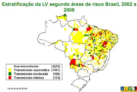 Figura 5 Distribuição de casos autóctones de LV segundo o município, Brasil 2002. (Fonte: Portal da Saúde.