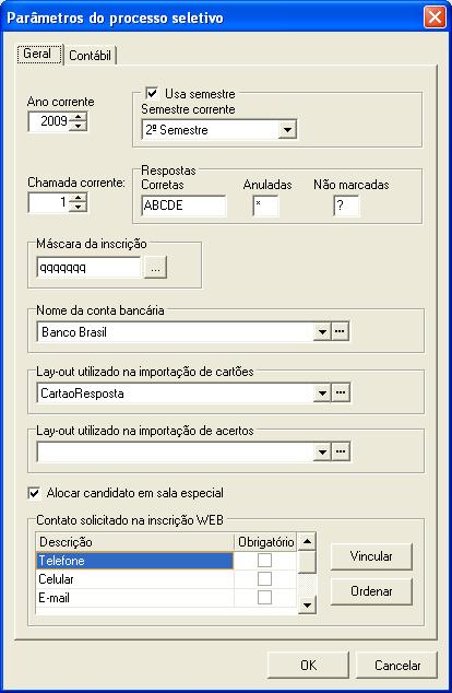 1. Parâmetros do processo seletivo - PSE_CadParametro.dll 1.1 Aba - Geral Ano Corrente: Informar o ano corrente do processo seletivo. Semestre: Informar o semestre do processo seletivo.