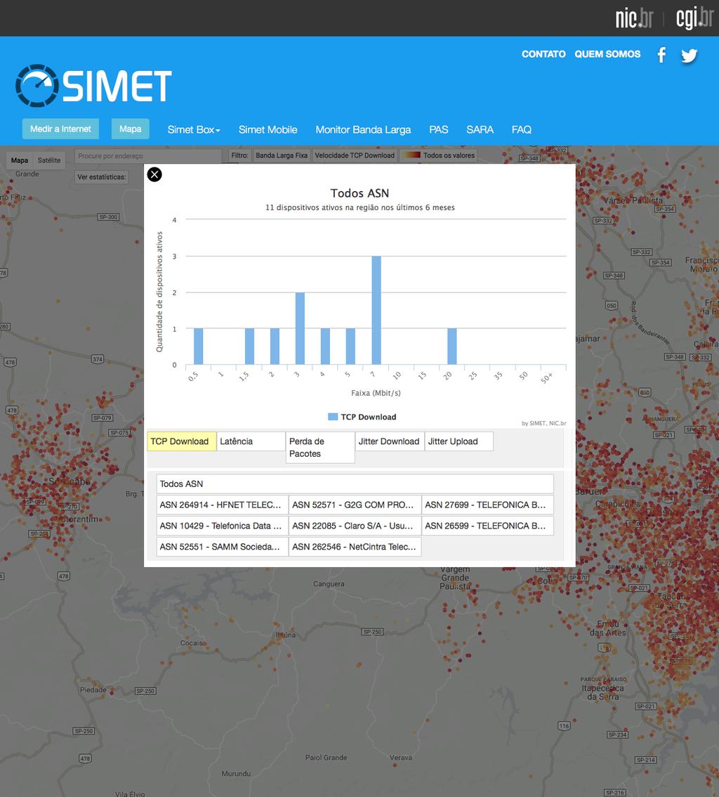 Mapa com lista de provedores que teve medições na localidade