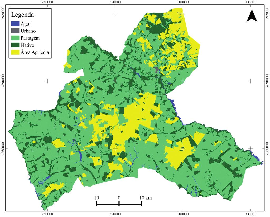 Resultados e Discussão Como resultado final foi obtido o mapa da área agricultável do Município obtido a partir da classificação das duas imagens Landsat 8