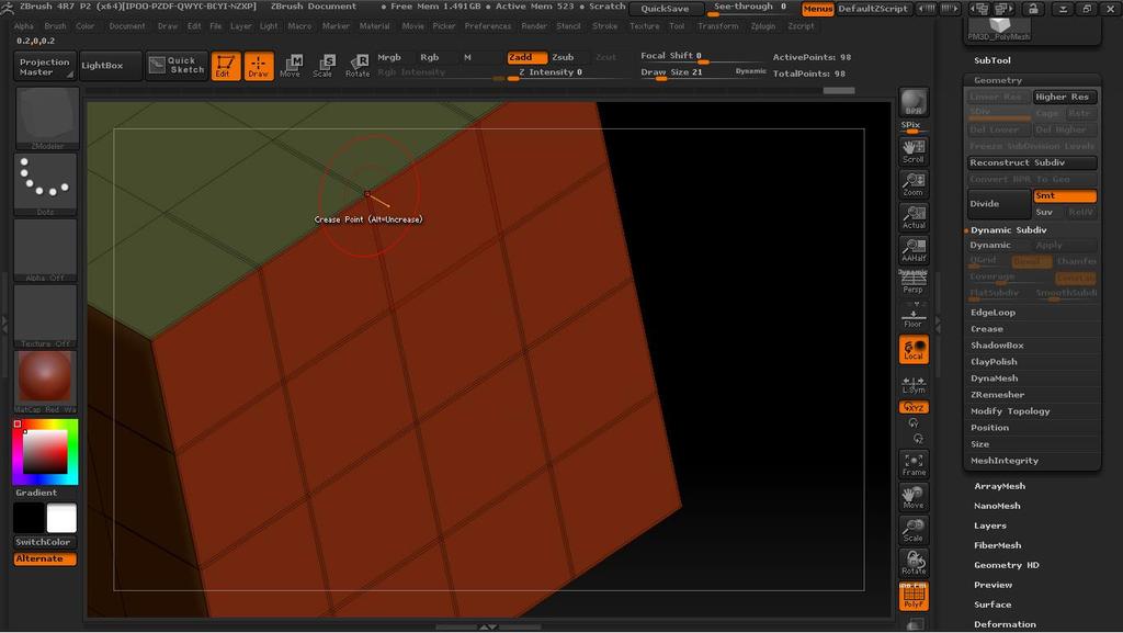 Os pontos em que o Crease foi aplicado