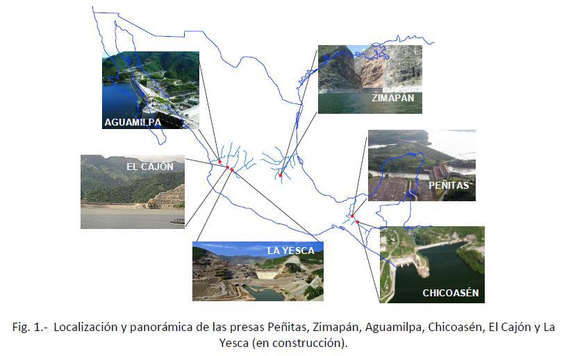 Exemplo (barragens no México) (3) Rochas ígneas (riodacitos com pseudoestratificação e vários diques) (5) Rochas ígneas (ignimbritos riodacíticos) em zona sismicamente ativa (6) Geologia