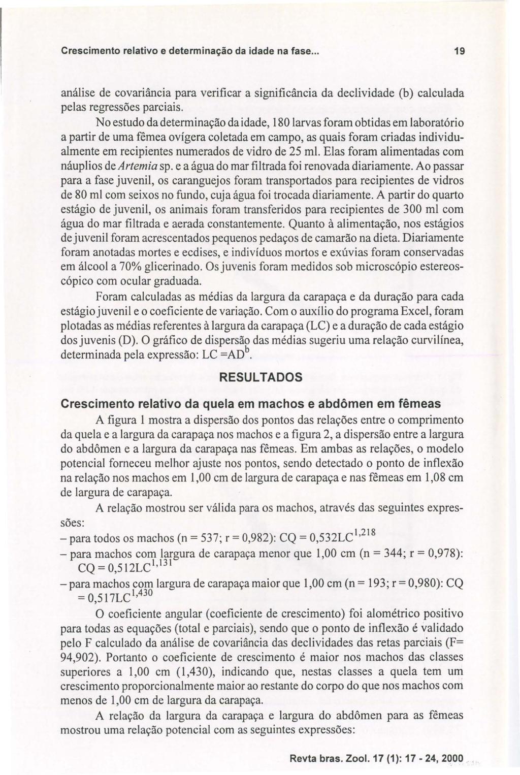 Crescimento relativo e determinação da idade na fase... 19 análise de covariância para verificar a significância da declividade (b) calculada pelas regressões parciais.