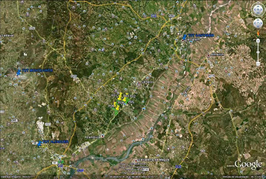 7.3 Enquadramento do Percurso e dos Pontos Fixos de Medição A figura seguinte pretende fornecer o contexto global de localização, quer do percurso, quer dos pontos fixos