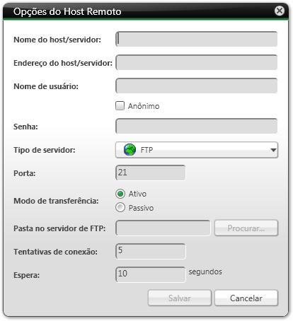 Visão Geral de Opções Nero BackItUp 3. Marque a caixa de seleção Ativar servidores de FTP. 4. Clique no botão Novo. A janela Definições de Anfitrião Remoto é exibida. Definições de Anfitrião Remoto 5.