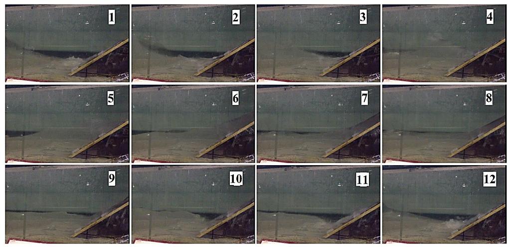 ANÁLISE DE RESULTADOS Figura 4.5 - Sequência de 12 fotografias aos fenómenos de espraiamento e refluxo da onda T7H1.25 sobre o talude da estrutura no canal.