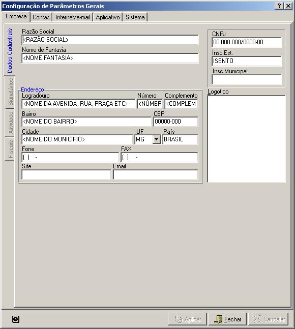 Configuração de Parâmetros Informe nesta tela os parâmetros fiscais da empresa. Escolha no Menu Principal do Sistema a opção Configuração do Sistema.