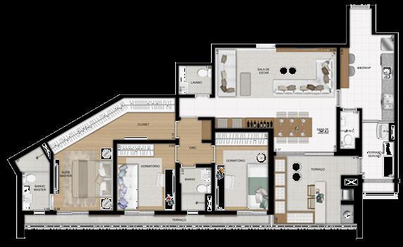 Planta Caminhos da Lapa 3 Dorms. e 1 Suíte - 127m² Suíte com amplo closet e terraço.