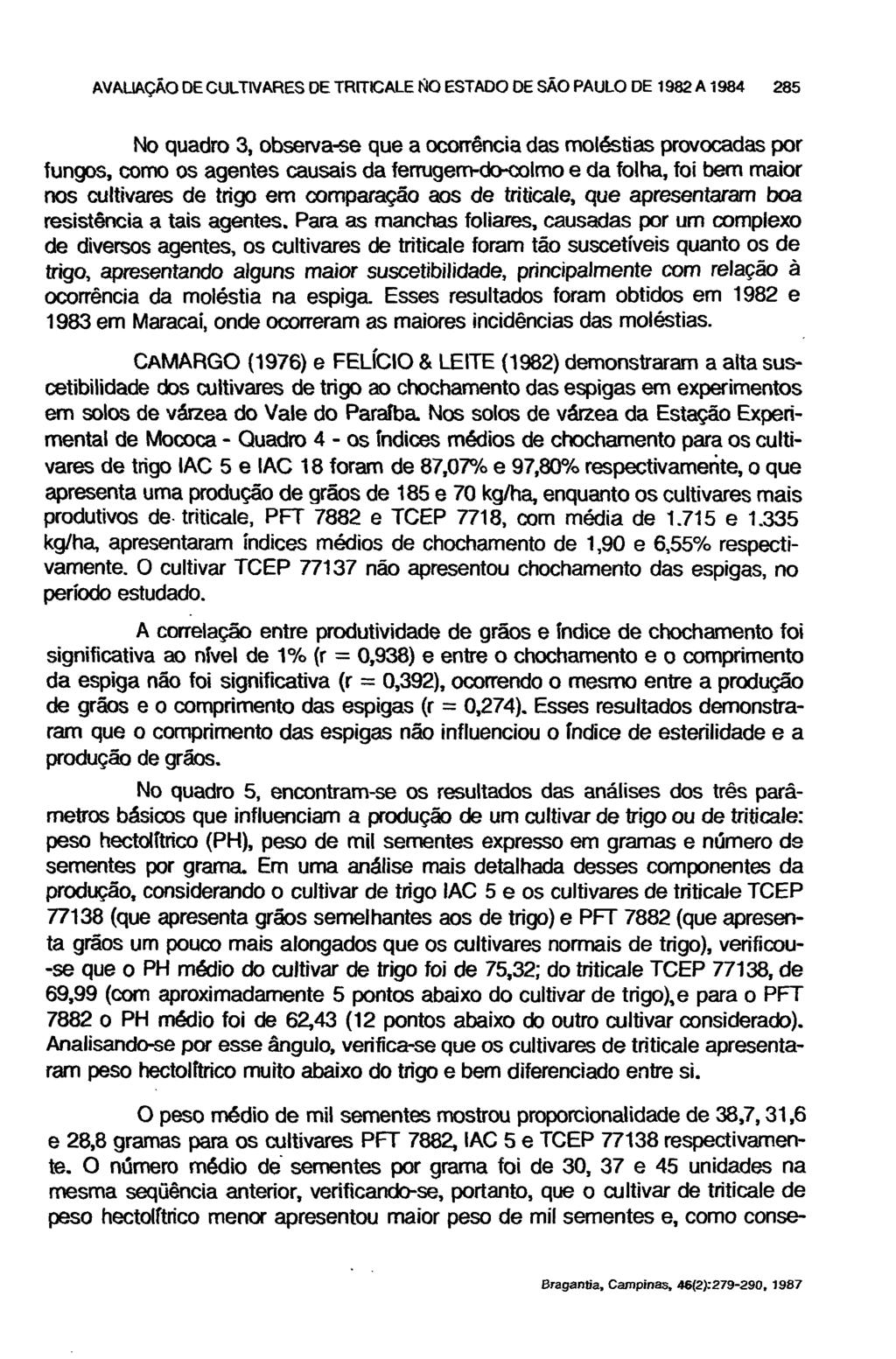 No quadro 3, observa-se que a ocorrência das moléstias provocadas por fungos, como os agentes causais da ferrugem-do-colmo e da folha, foi bem maior nos cultivares de trigo em comparação aos de