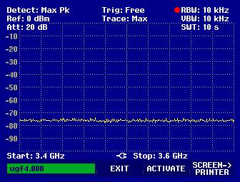 33 Figura 3.5 Varredura em 3,5GHz Figura 3.6 Varredura em 3,5GHz As características da seqüência PN utilizada são mostradas na tabela 3.1. A diferença de taxa entre transmissor e receptor é de 10KHz.