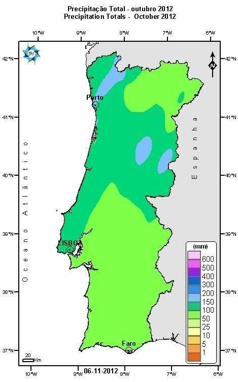 2. Precipitação total O valor médio da quantidade de precipitação (103.7mm), em Portugal Continental, em outubro 2012, foi ligeiramente superior ao valor médio 1971-2000 (98.
