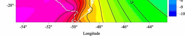 Esse modelo geodal gravmétrco, com resolução espacal de 5 de arco de lattude e longtude, é mostrado na Fgura 3.8.