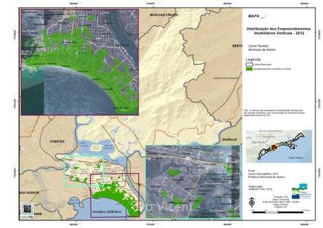 Mapa. Santos Distribuição dos Empreendimentos Imobiliários Verticais, 2012. Elaboração: Instituto Pólis, 2012.