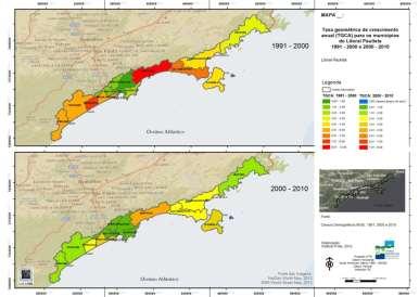 Os mapas abaixo permitem visualizar as diferenças nessas taxas geométricas de crescimento anual dos municípios litorâneos que estão sendo analisados.