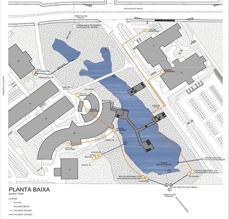 46 A nova configuração do lago, assim como os pontos onde estão localizadas as entradas das redes de contribuição, podem ser visualizadas na planta baixa (ANEXO A) fornecida pelo setor de Gestão