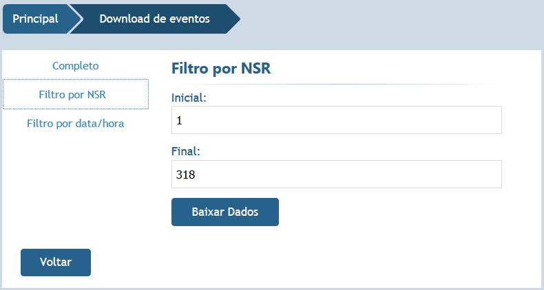 9. TELA EVENTOS Permite fazer download dos eventos contidos na memória do equipamento. Selecione a opção Baixar dados para realizar download do arquivo completo dos eventos. 9.1.