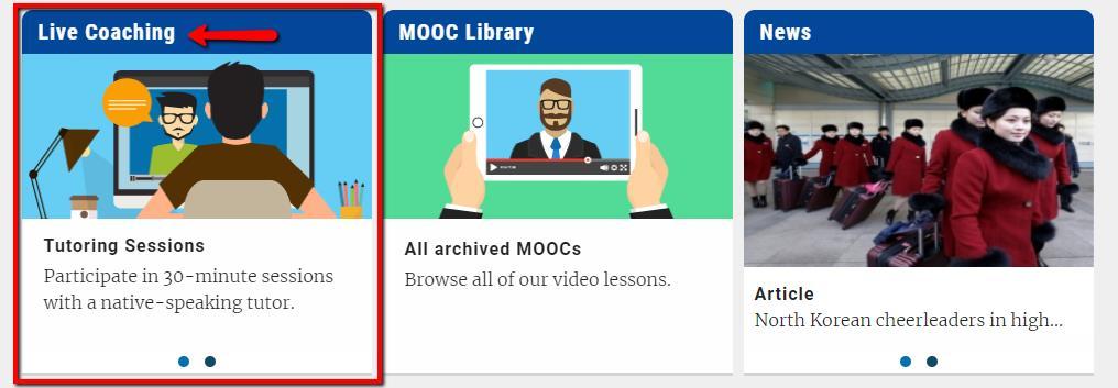 3.3.2 Coaching ao vivo Coaching ao vivo consiste em 2 módulos e é possível aceder ao mesmo a partir da página inicial: Os MOOCs são vídeos educativos interativos preparados por tutores nativos da