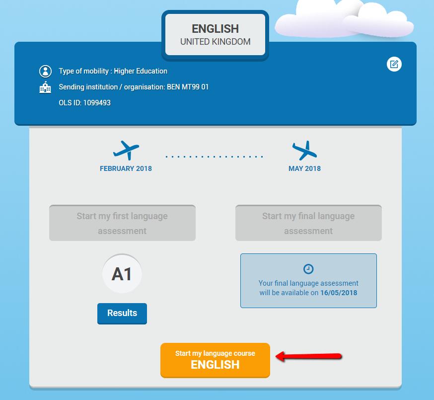 2 Acesso e ligação à plataforma do OLS do Erasmus+ Após concluir o seu primeiro teste de avaliação linguística, irá receber um convite por e-mail para se inscrever num curso de línguas online (se a