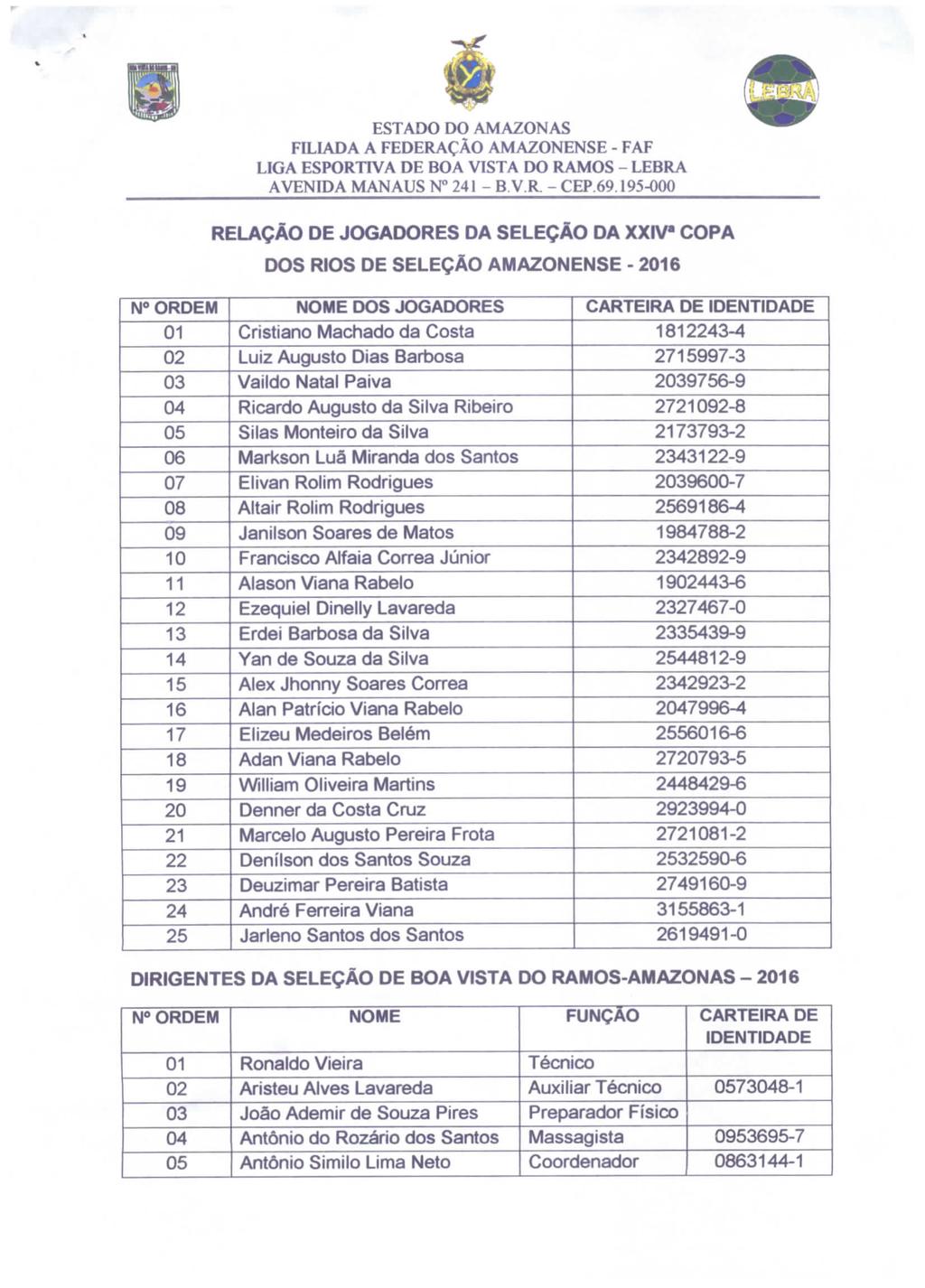 ESTADO DO AMAZONAS FILIADA A FEDERAÇÃO AMAZONENSE - FAF LIGA ESPORTIVA DE BOA VISTA DO RAMOS - LEBRA AVENIDA MANAUS N 241 - B V R. - CEP.69.