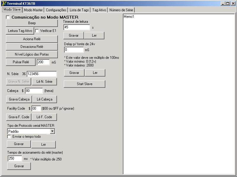 Funções programáveis Configuração da porta serial na qual o aparelho está ligado; Definição da cabeça de comunicação (OBS1); Acionamento do beep; Leitura do TAG Ativo (OBS2); Leitura do nivel lógico