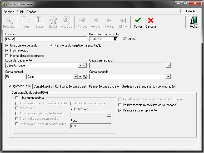 3.2 Aba Contabilização Nessa aba o usuário deverá definir as configurações para a contabilização das informações do Caixa.