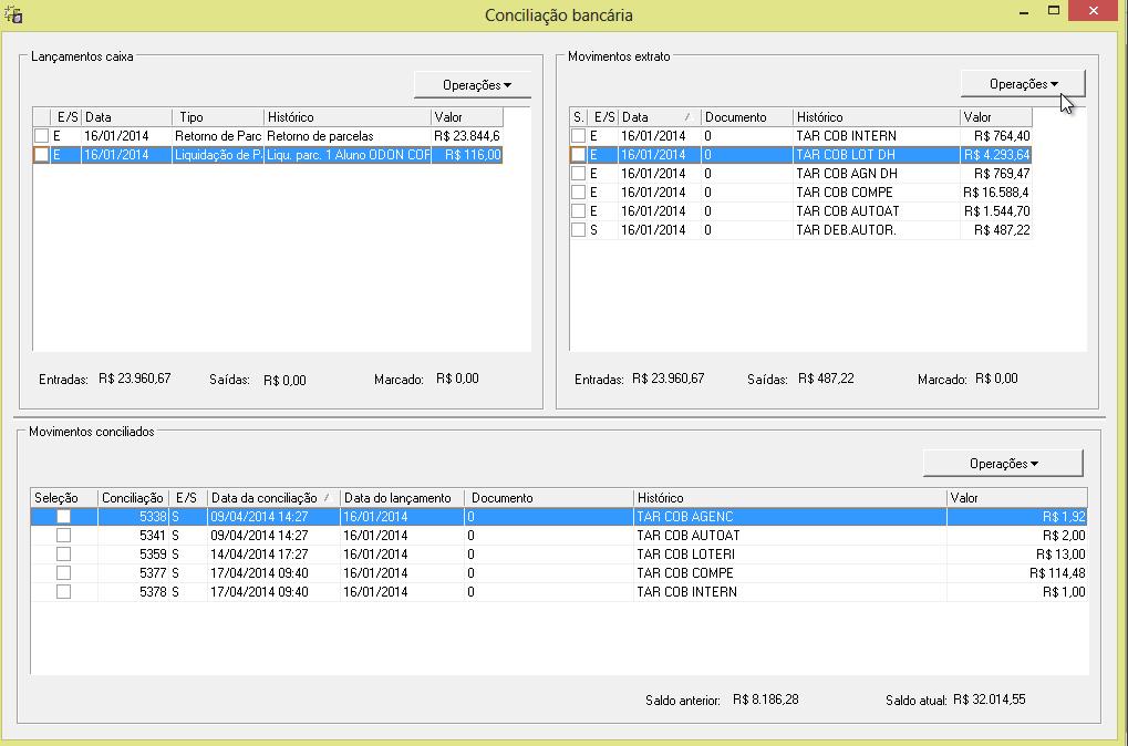 Lançamentos caixa Movimentos extrato Movimentos conciliados 9.