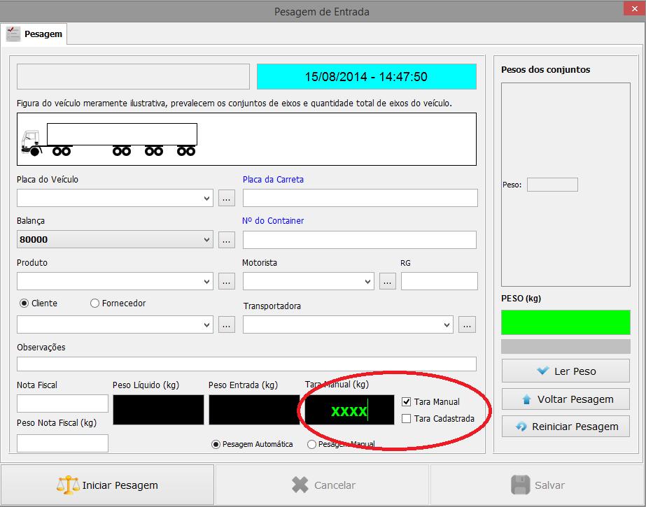 Observe que existem duas opões: Tara Manual e Tara Cadastrada.