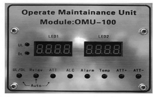 LED1: Informações de atenuação e ALC UL/DL: Botão para alteração de operação UL (Uplink) e DL (Downlink ) Rxlev: Botão de verificação de sinal RX (Receive) Alarm: Botão de verificação de alarme.