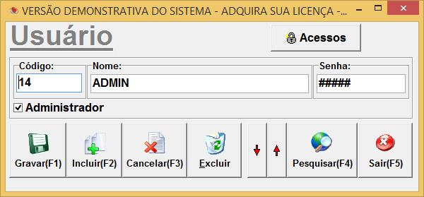 Clicando no botão Libera acesso ao usuário uma tela de configuração é aberta onde pode-se restringir os acessos as telas do sistema, do lado esquerdo ficam as telas que o usuário não tem acesso, e do