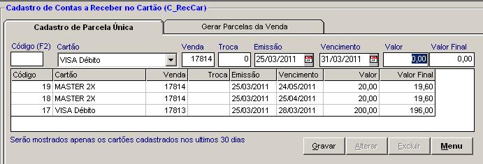 Cadastro de Contas a Receber no Cartão.