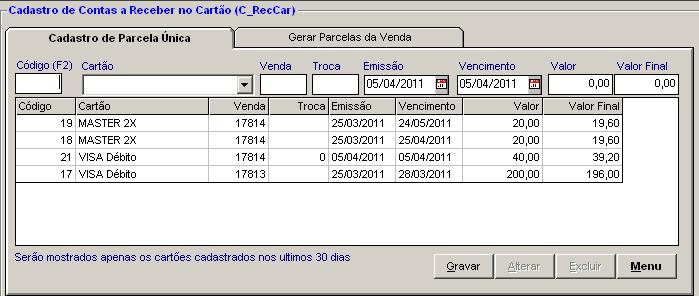 Cadastro de Contas a Receber no Cartão.