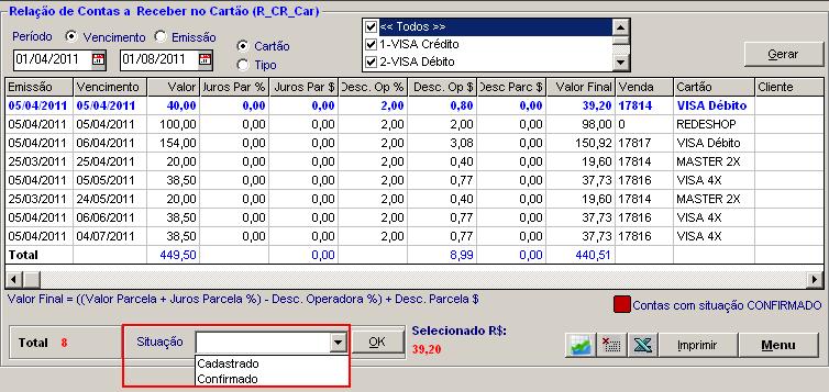 Relação de Contas a Receber no Cartão Nesta relação é possível também alterar a situação da Conta a Receber no Cartão.