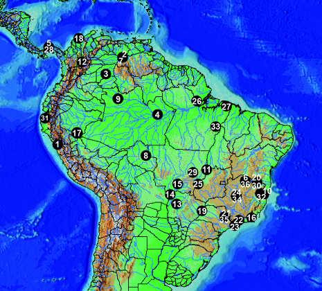 Figura 12. Região Neotropical e as localizações das espécies utilizadas no presente trabalho. As coordenadas cartesianas estão listadas na Tabela 2. 1. Brycon aff atrocaudatus; 2., 3 e 4.