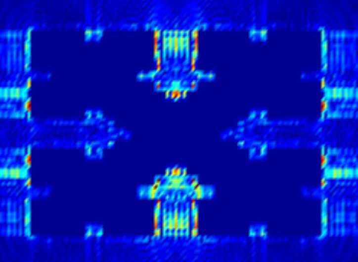 Figura 6- Distribuição do módulo do campo elétrico na célula unitária para a frequência de ressonância de 10,6 GHz Baseado nesta analise, as fendas foram retiradas gradativamente.